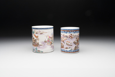 Two Chinese famille rose Canton export boat scene mugs, Qianlong