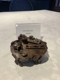 A Chinese agarwood carving of a miniature table with antiquities, 18/19th C.