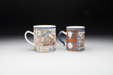 Two Chinese famille rose Canton export boat scene mugs, Qianlong