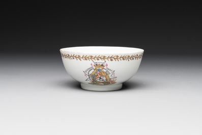 A Chinese famille rose armorial nine-piece service with the arms of Alexandre Lamotte-Barac&eacute;, Qianlong, ca. 1786-1789