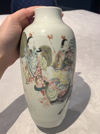 A Chinese famille rose 'deities' vase, Qianlong mark, 19/20th C.