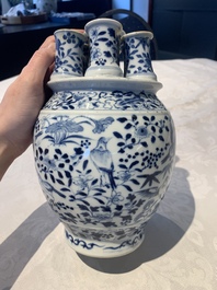 A rare Chinese blue and white crocus-shaped vase with birds among flowers, Kangxi mark, 19th C.