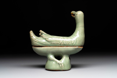 A Chinese Longquan celadon duck-form censer, Ming