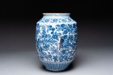 A large blue and white Italian maiolica albarello, Savona, 2nd half 17th C.