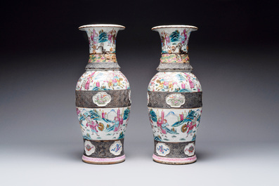 A pair of Chinese Nanking famille rose vases with narrative design, 19th C.