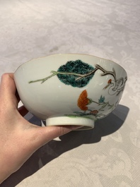 A Chinese famille rose bowl, a plate and a blue and white vase, Tongzhi mark and of the period