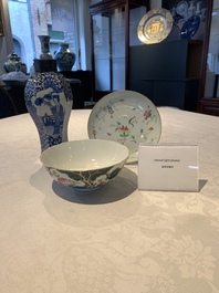 A Chinese famille rose bowl, a plate and a blue and white vase, Tongzhi mark and of the period