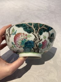 A Chinese famille rose bowl, a plate and a blue and white vase, Tongzhi mark and of the period