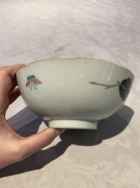 A Chinese famille rose bowl, a plate and a blue and white vase, Tongzhi mark and of the period