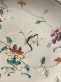 A Chinese famille rose bowl, a plate and a blue and white vase, Tongzhi mark and of the period