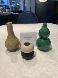 Two Chinese monochrome vases and a water pot on wooden stand, 19/20th C.