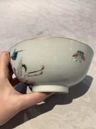 A Chinese famille rose bowl, a plate and a blue and white vase, Tongzhi mark and of the period