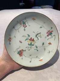 A Chinese famille rose bowl, a plate and a blue and white vase, Tongzhi mark and of the period