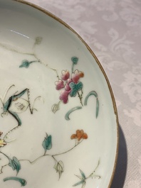 A Chinese famille rose bowl, a plate and a blue and white vase, Tongzhi mark and of the period