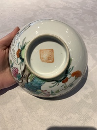 A Chinese famille rose bowl, a plate and a blue and white vase, Tongzhi mark and of the period