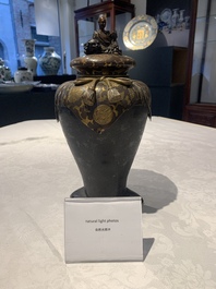 A fine Japanese gilt bronze vase and cover with the tiger taming Arhat, signed Akasofu Gyoko 曉光, Meiji, 19th C.
