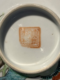A Chinese famille rose bowl, a plate and a blue and white vase, Tongzhi mark and of the period