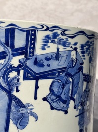 A large Chinese blue and white 'Li Jing Qu Qi 李靖娶妻' brush pot, 19th C.