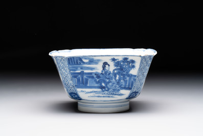 A Chinese blue and white square bowl with ladies in a garden, Kangxi mark and of the period
