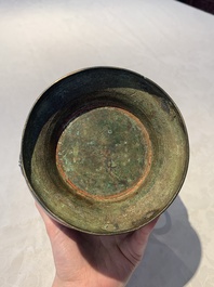 A Chinese archaistic gold- and silver-inlaid bronze vase with pseudo-rust patina, 19th C.