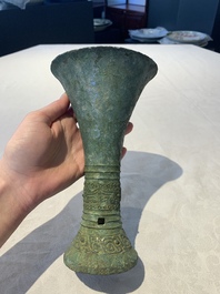 A Chinese archaic bronze ritual wine vessel, 'gu 觚', Shang
