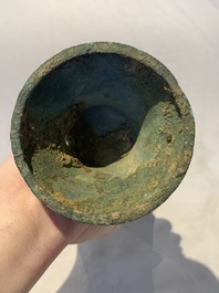 A Chinese archaic bronze ritual wine vessel, 'gu 觚', Shang