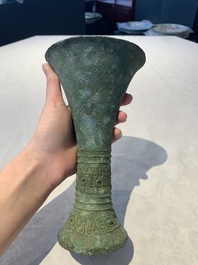 A Chinese archaic bronze ritual wine vessel, 'gu 觚', Shang