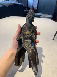 A large Chinese partly gilt bronze censer and cover in the form of Du Fu, 18th C.