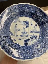Five Chinese blue and white 'Xi Xiang Ji' plates, Qianlong