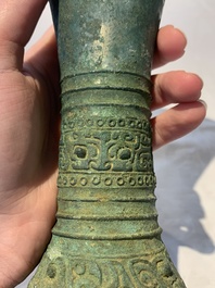 A Chinese archaic bronze ritual wine vessel, 'gu 觚', Shang