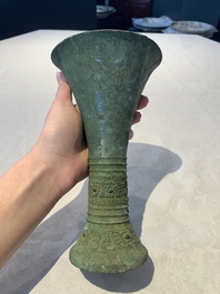 A Chinese archaic bronze ritual wine vessel, 'gu 觚', Shang