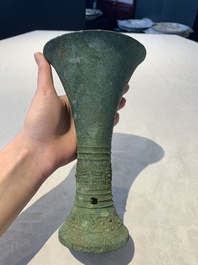 A Chinese archaic bronze ritual wine vessel, 'gu 觚', Shang