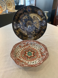 A Japanese-lacquered Chinese blue and white dish and a Japanese Kutani 'phoenix' dish, Wanli/19th C.