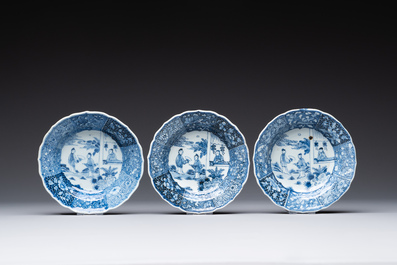 Five Chinese blue and white 'Xi Xiang Ji' plates, Qianlong