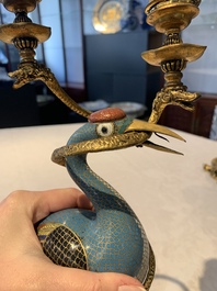 A pair of Chinese cloisonn&eacute; cranes, later mounted as candelabras, 18th C.
