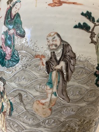 A large Chinese famille rose coral-red-ground  'Eight Immortals' vase, Qianlong mark, 19th C.