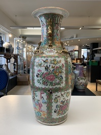 A pair of Chinese Canton famille rose vases with narrative design, 19th C.