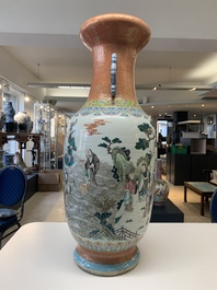 A large Chinese famille rose coral-red-ground  'Eight Immortals' vase, Qianlong mark, 19th C.