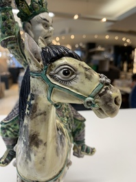 A fine Chinese verte biscuit sculpture of a Heavenly King on horseback, 19th C.