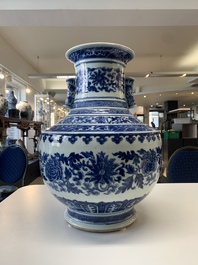 A large Chinese blue and white 'lotus and peony scroll' 'hu' vase, 19th C.