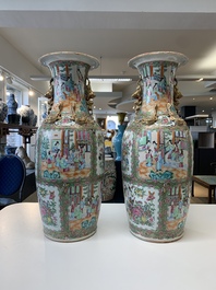 A pair of Chinese Canton famille rose vases with narrative design, 19th C.