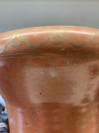 A large Chinese famille rose coral-red-ground  'Eight Immortals' vase, Qianlong mark, 19th C.