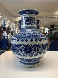 A large Chinese blue and white 'lotus and peony scroll' 'hu' vase, 19th C.