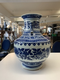A large Chinese blue and white 'lotus and peony scroll' 'hu' vase, 19th C.