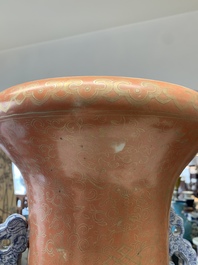 A large Chinese famille rose coral-red-ground  'Eight Immortals' vase, Qianlong mark, 19th C.