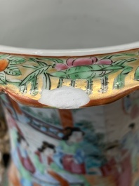 A pair of Chinese Canton famille rose vases with narrative design, 19th C.