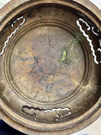 A massive Vietnamese copper- and silver-inlaid 'Buddhist lion' censer and cover on stand, 19th C.