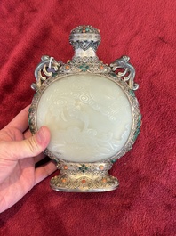 A Chinese jade-inset and hardstone-inlaid silver moonflask and cover in Mongolian style, 19th C.
