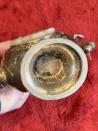 A Chinese jade-inset and hardstone-inlaid silver ewer and cover in Mongolian style, 19th C.