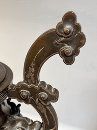 A massive Vietnamese copper- and silver-inlaid 'Buddhist lion' censer and cover on stand, 19th C.